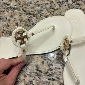 Tory Burch Cream Sandals with Gold Emblem. Never worn